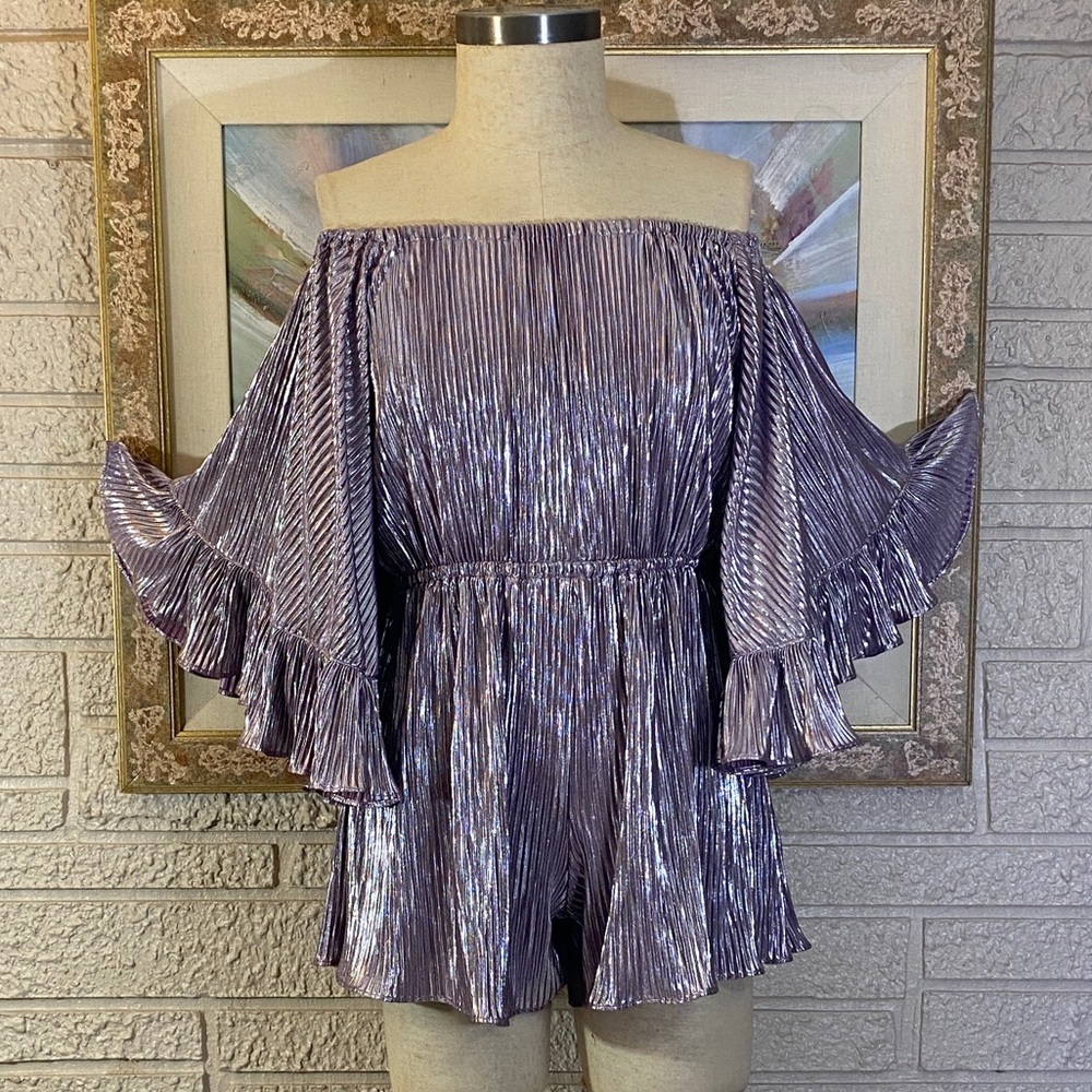 San Jay Off-Shoulder Lavender Pleated Metallic Ruffle Romper